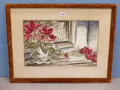 Lot 406 - James R Reynolds (1896-1996), red tulips on a...