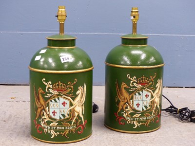 Lot 239 - A pair of tole decorated green teacannisters...