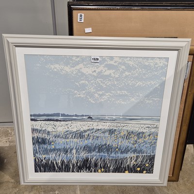 Lot 1529 - Sailboat masts on a distant inlet. colour print.