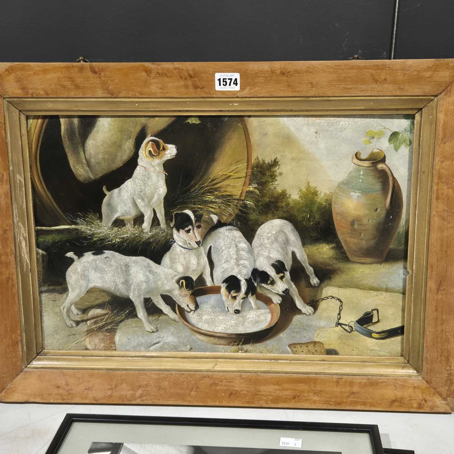 Lot 1574 - An oil on canvas study of puppies drinking.