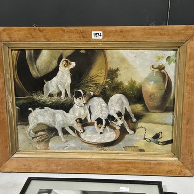 Lot 1574 - An oil on canvas study of puppies drinking.