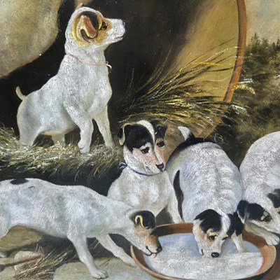 Lot 1574 - An oil on canvas study of puppies drinking.