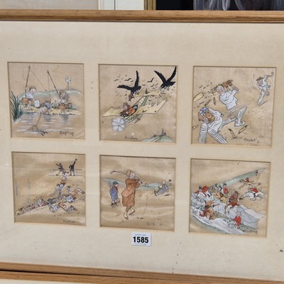 Lot 1585 - Two framed sets of six watercolours on silk...