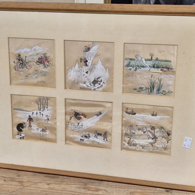 Lot 1585 - Two framed sets of six watercolours on silk...