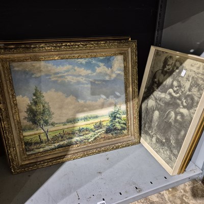Lot 1604 - Two landscape oil paintings on canvas, a print...
