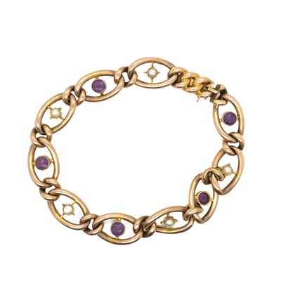 Lot 1008 - An antique gold, pearl and amethyst bracelet....