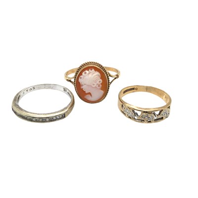 Lot 1054 - Three 9ct hallmarked gold dress rings. A...