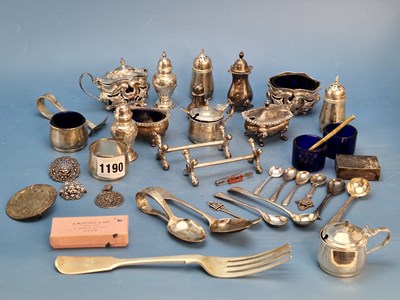 Lot 1190 - A five piece silver condiment set, two sets of...