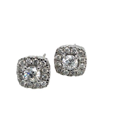Lot 1051 - Pair of 14ct white gold rounded square diamond...