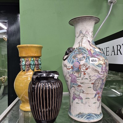 Lot 459 - A Canton baluster vase, a yellow vase with...