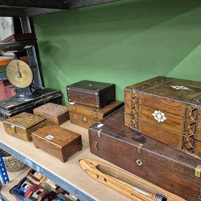 Lot 476 - A collection of wooden boxes, a strong box, a...