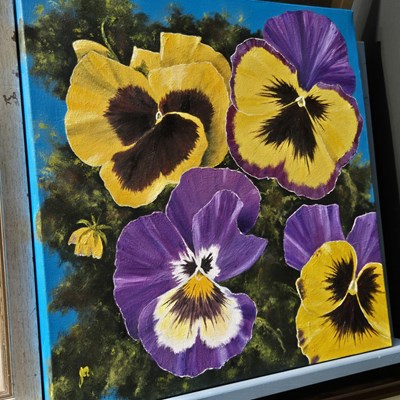 Lot 1630 - A large acrylic on canvas study of pansies