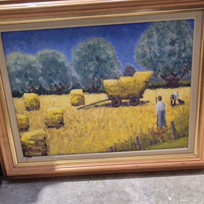 Lot 1637 - A naive school oil on board, farmers gathering...