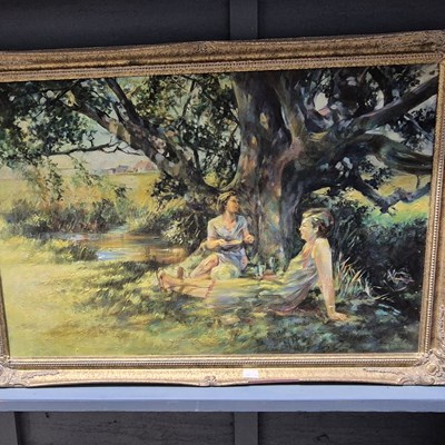 Lot 1643 - An oil on canvas, a picnic beneath a riverside...