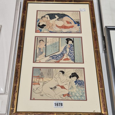 Lot 1678 - A framed group of three oriental erotic prints.