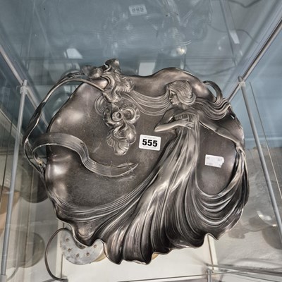 Lot 555 - A WMF Art Nouveau pewter dish with a lady in...