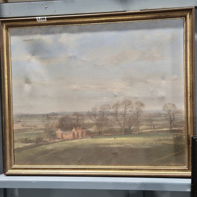 Lot 1706 - oil on canvas, rural country house in landscape.