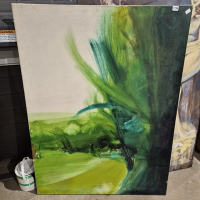 Lot 1734 - A large unframed oil painting, tree-lined...