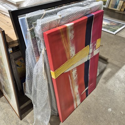 Lot 1736 - Six large oil on canvas, townscapes in various...