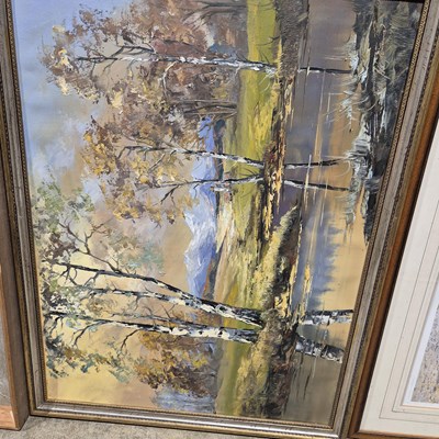 Lot 1738 - Silver birch trees on a river's edge. oil on...
