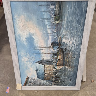 Lot 1758 - A large oil on canvas- boats in harbour....