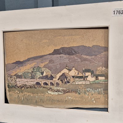 Lot 1762 - Watercolour, A river bridge with village and...