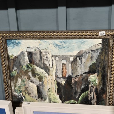 Lot 1775 - 20th-century school, a mountainous viaduct- oil.