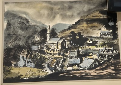 Lot 1779 - A watercolour, Hillside mining village, with...