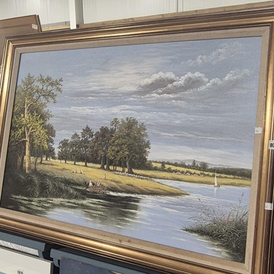 Lot 1809 - A large oil on canvas river landscape. signed...