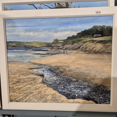 Lot 1816 - Wendy Parkyn. Figures strolling along a tidal...