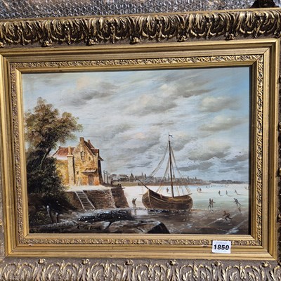 Lot 1850 - Dutch school oil on panel- a frozen river....