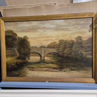 Lot 1855 - J I Rushworth-  oil on canvas - river bridge,...