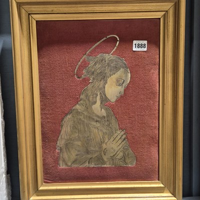 Lot 1888 - An engraved brass panel- a saintly figure