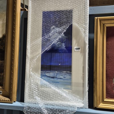 Lot 1889 - G.W. Hutchins, Row boat beached under moonlight.