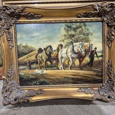 Lot 1918 - An oil on panel- Horses hauling logs, another...