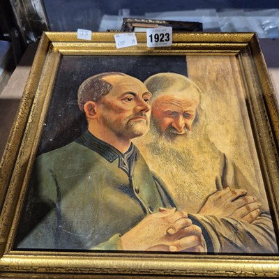 Lot 1923 - A small oil painting of two figures in prayer...