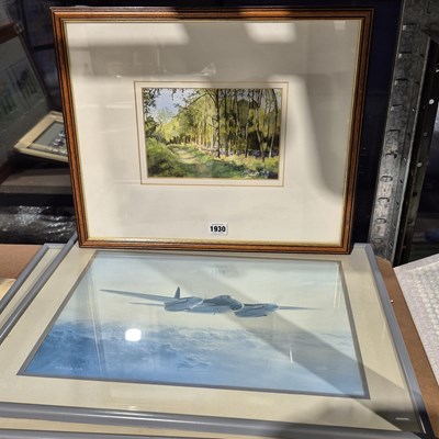Lot 1930 - A small watercolour and two aircraft prints.