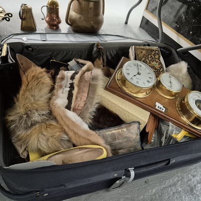 Lot 587 - A mahogany-mounted clock. thermometer and...