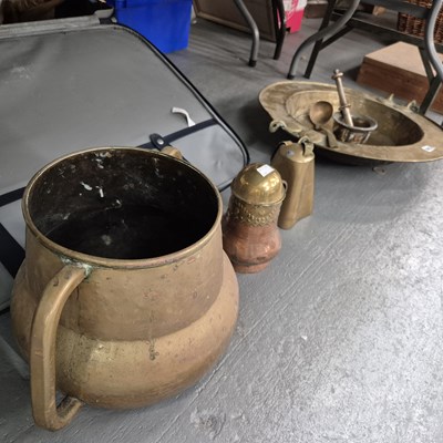 Lot 593 - Brassware: a brazier, a bell, a pestle and...