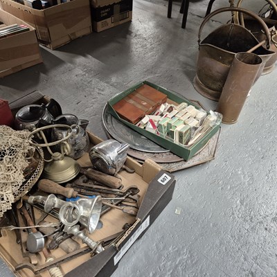 Lot 607 - Two brass coal buckets, brass dishes, kitchen...