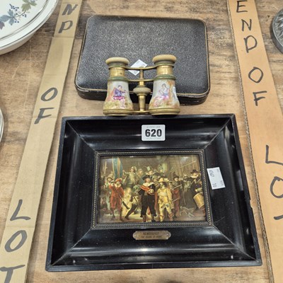 Lot 620 - A pair of enamelled opera glasses, a print of...