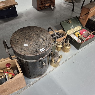 Lot 654 - Three blow torches, metal boxes, some tools...