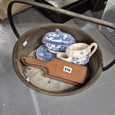 Lot 676 - A brass jam pan, a pair of butter pats, a blue...