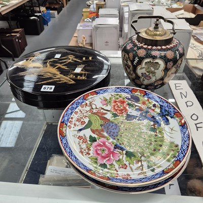 Lot 679 - A Japanese lacquer cased supper set, a biscuit...