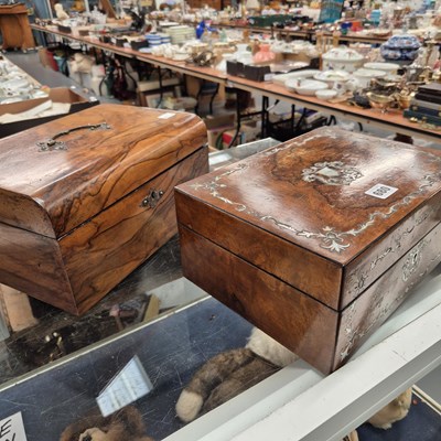 Lot 680 - A mother-of-pearl inlaid burr wood work box...