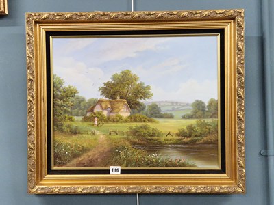 Lot 116 - Terence Grundy. Thatched cottage in a meadow....