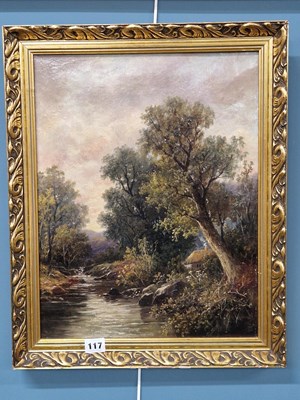 Lot 117 - 19th century school, a tree lined stream. oil...