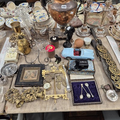 Lot 698 - A pair of plate on copper candlesticks, a...