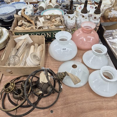 Lot 717 - Three owl form oil lamps together with five...