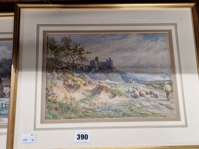 Lot 390 - J Adams. Sheep on a path towards a ruined...